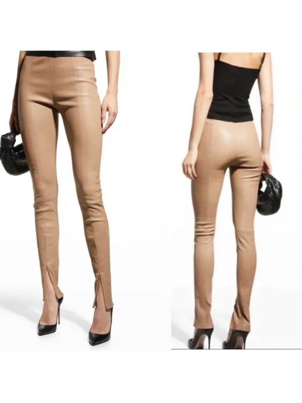 Jason Wu beige tan brown faux leather high rise slim fit pants vegan pleather M